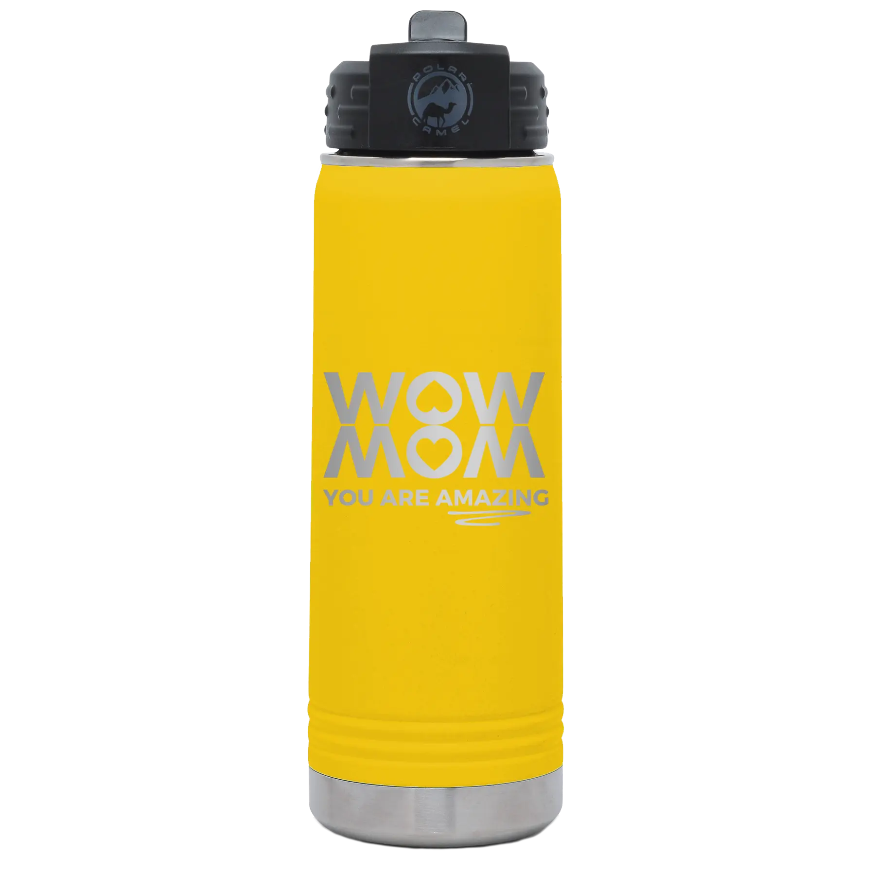 Laser etched yellow 20 oz vacuum insulated water bottle with 'Wow Mom You Are Amazing' design