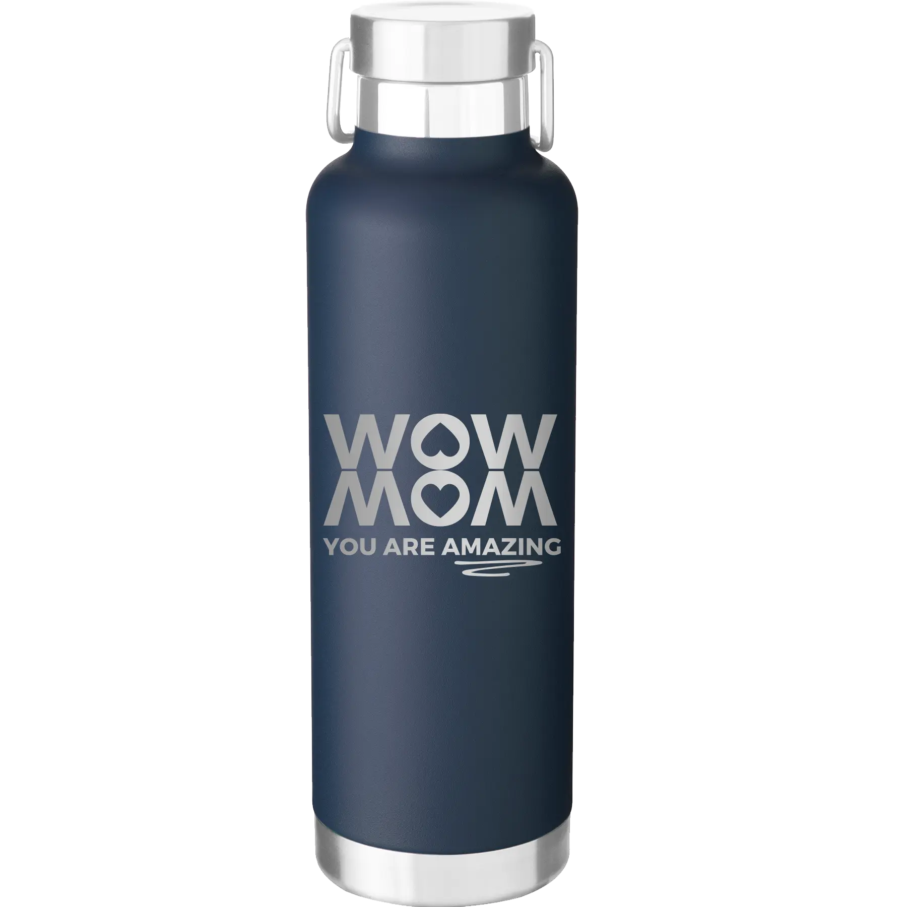 Laser etched navy 24 oz vacuum insulated water bottle with 'Wow Mom You Are Amazing' design
