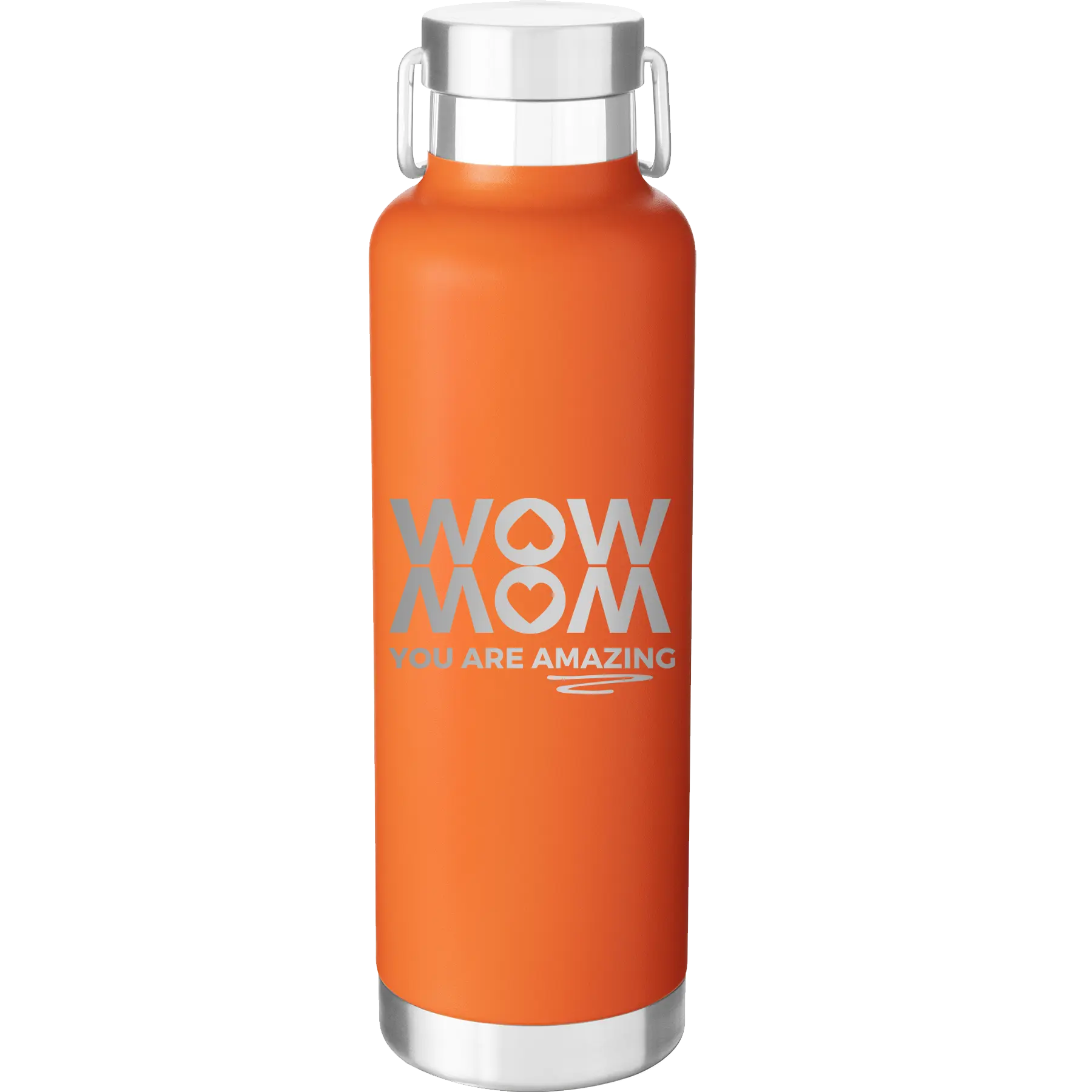 Laser etched orange 24 oz vacuum insulated water bottle with 'Wow Mom You Are Amazing' design