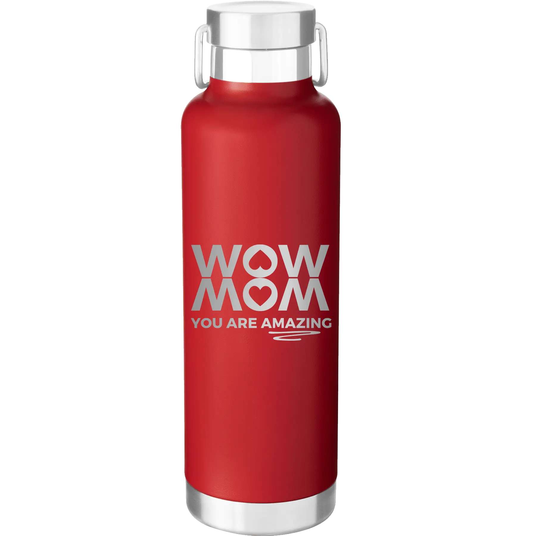Laser etched red 24 oz vacuum insulated water bottle with 'Wow Mom You Are Amazing' design