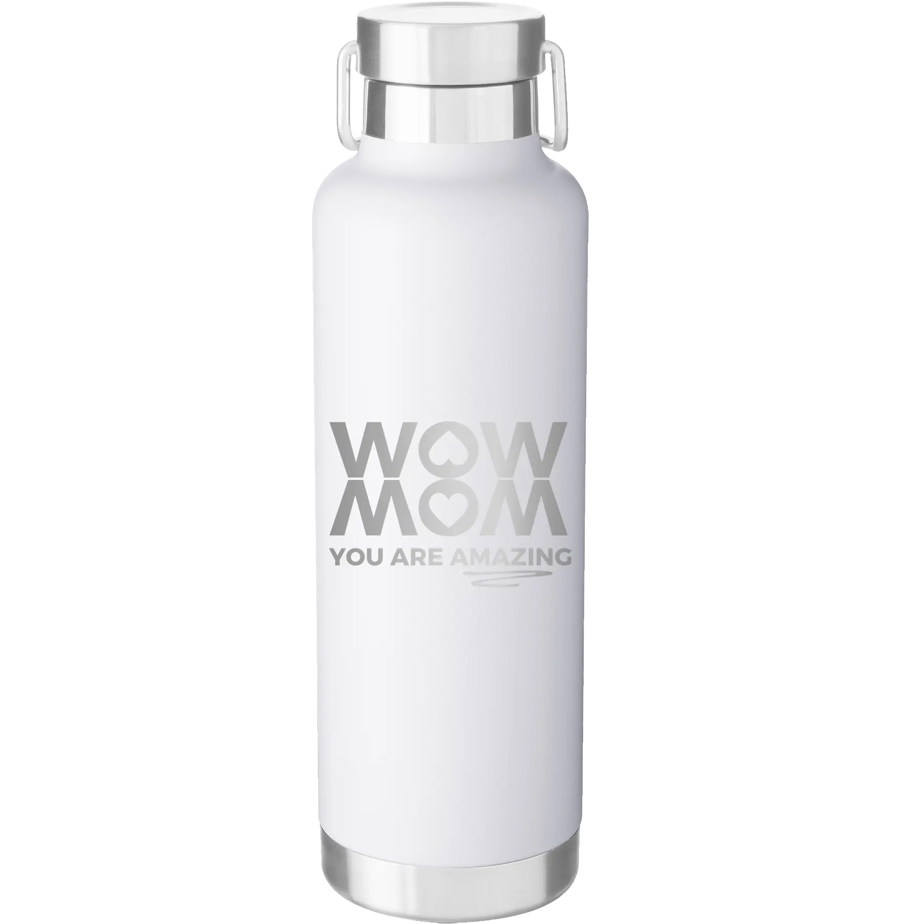Laser etched white 24 oz vacuum insulated water bottle with 'Wow Mom You Are Amazing' design