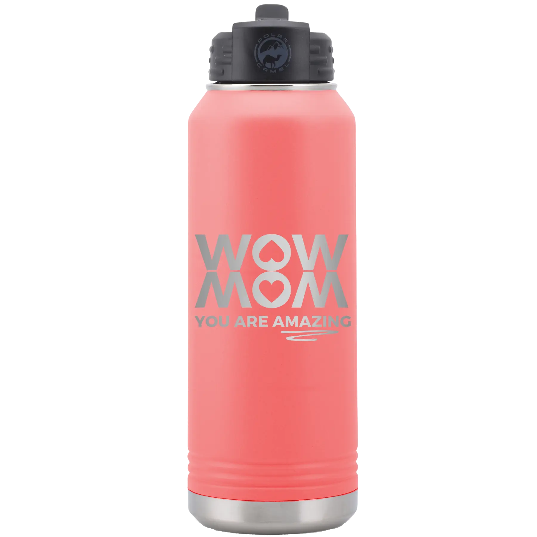 Laser etched coral 32 oz vacuum insulated water bottle with 'Wow Mom You Are Amazing' design
