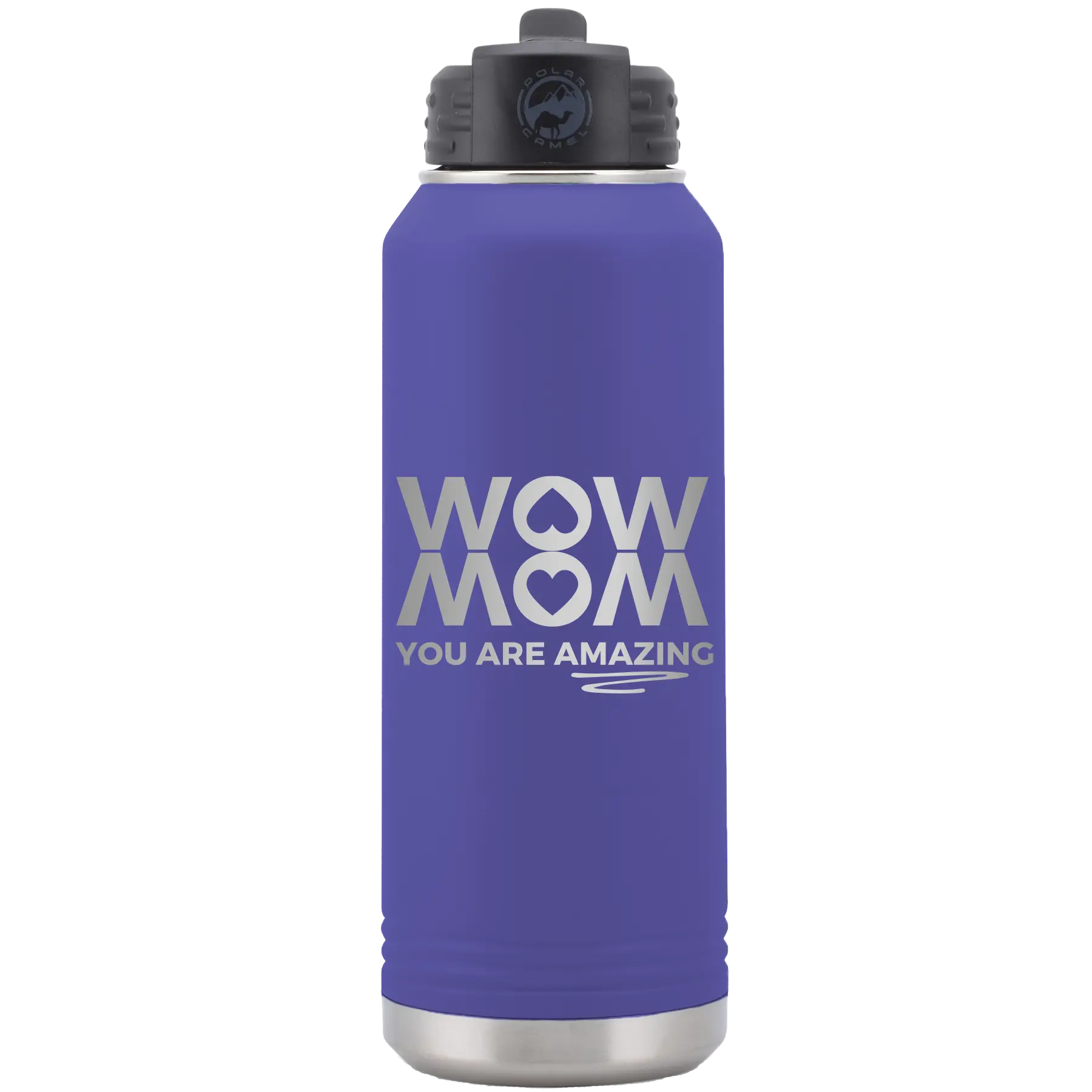 Laser etched purple 32 oz vacuum insulated water bottle with 'Wow Mom You Are Amazing' design