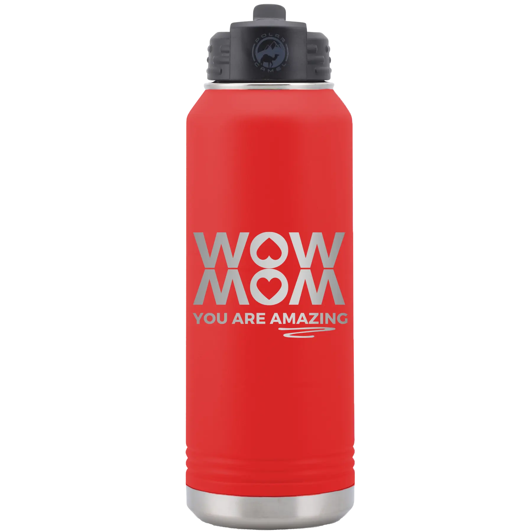 Laser etched red 32 oz vacuum insulated water bottle with 'Wow Mom You Are Amazing' design