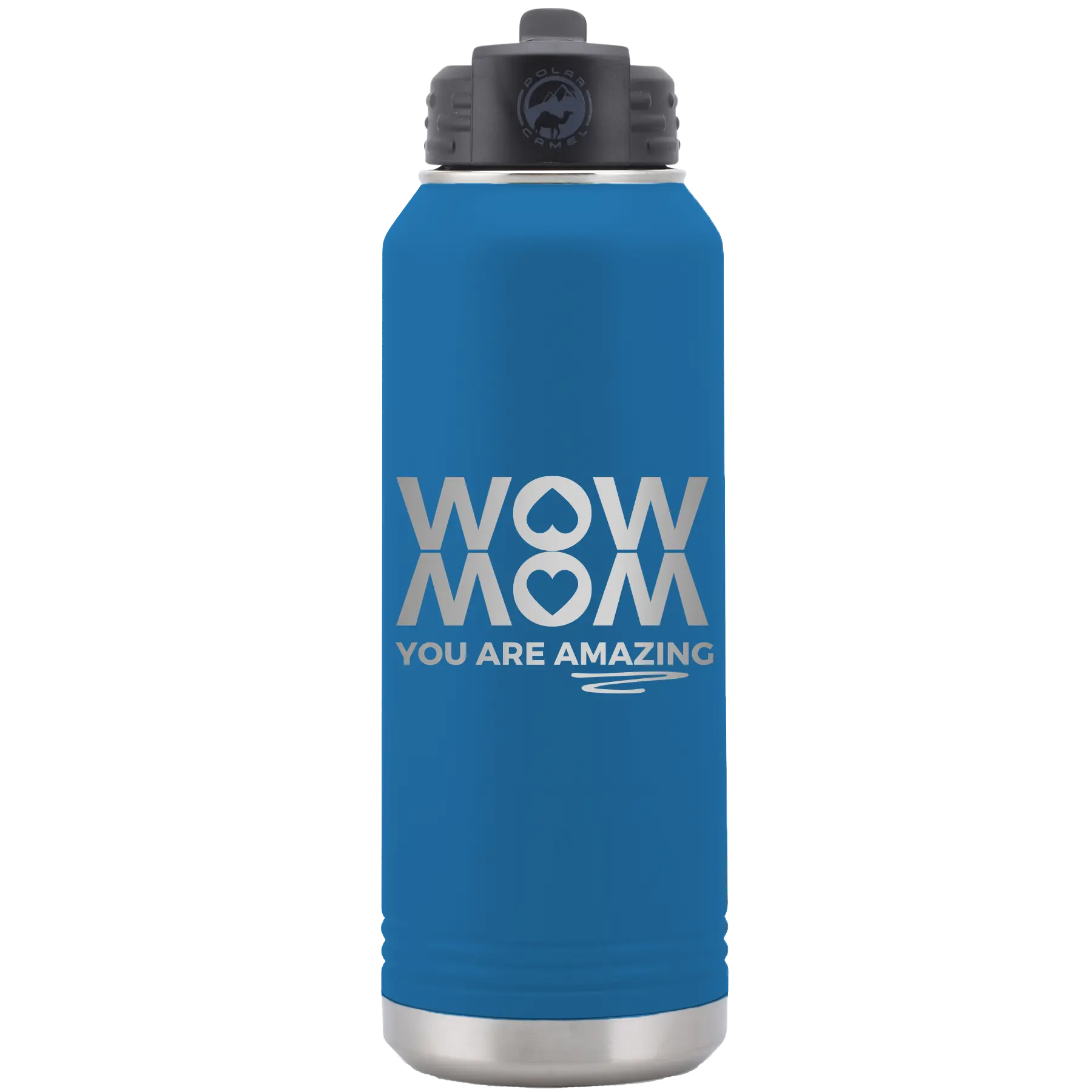 Laser etched royal blue 32 oz vacuum insulated water bottle with 'Wow Mom You Are Amazing' design