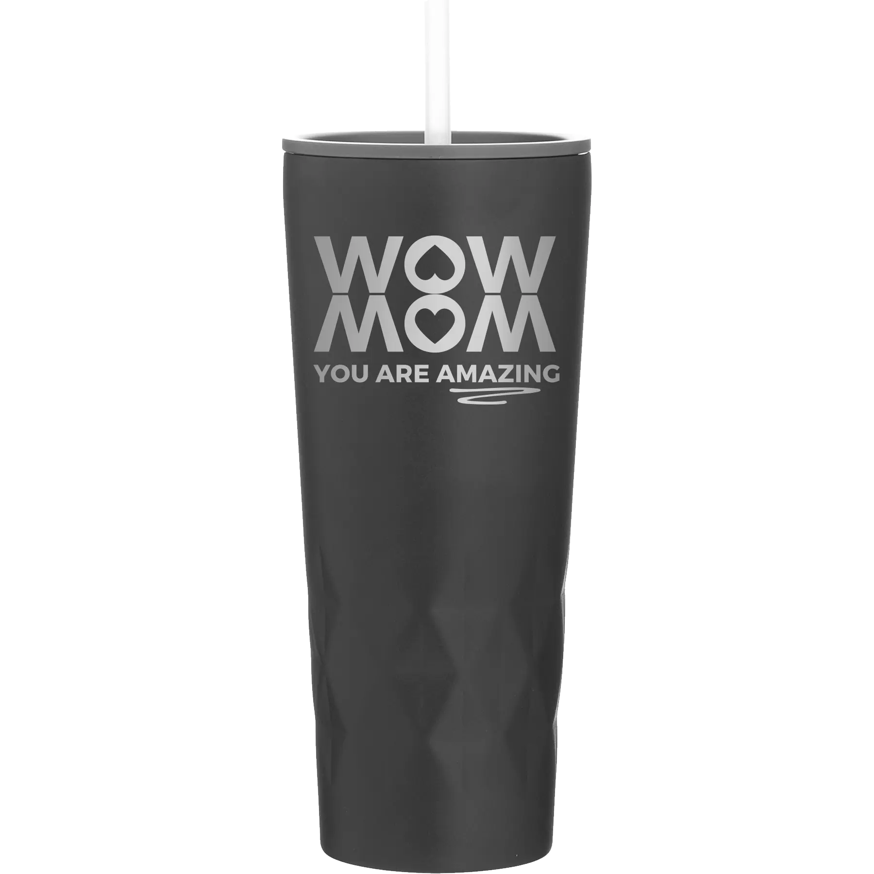 Laser etched black 20 oz vacuum insulated tumbler with 'Wow Mom You Are Amazing' design