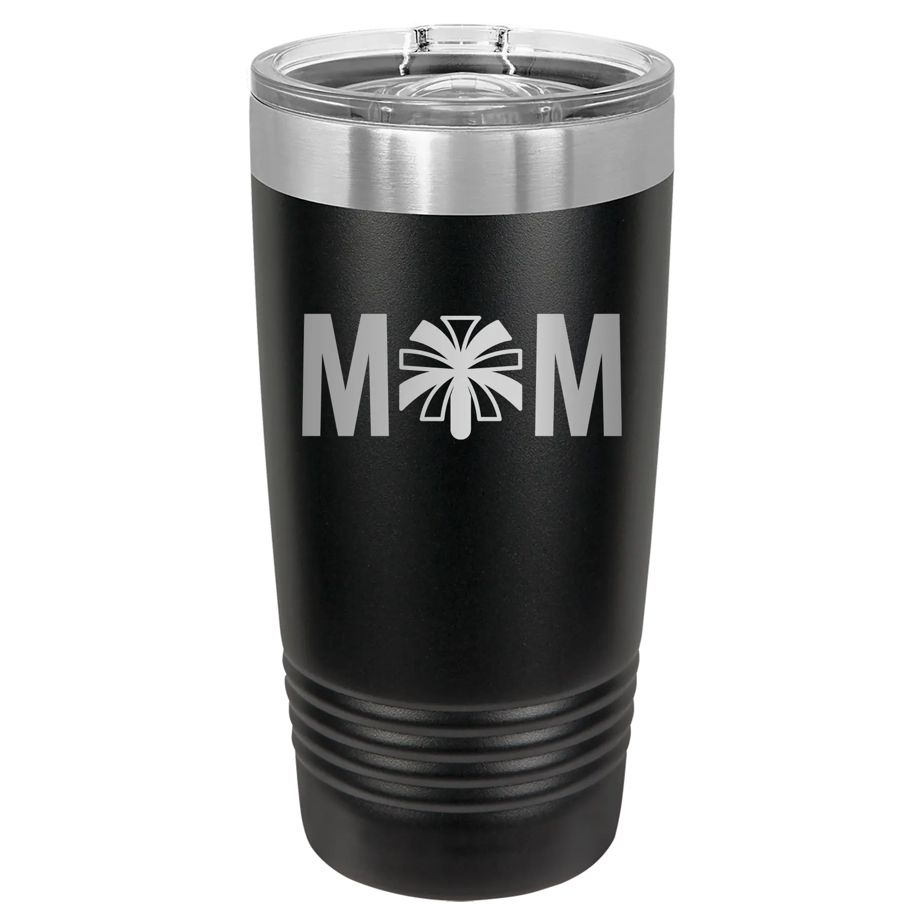 Laser etched black 20 oz vacuum insulated tumbler with 'Mom Cheer' design