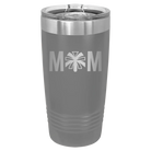 Laser etched dark gray 20 oz vacuum insulated tumbler with 'Mom Cheer' design