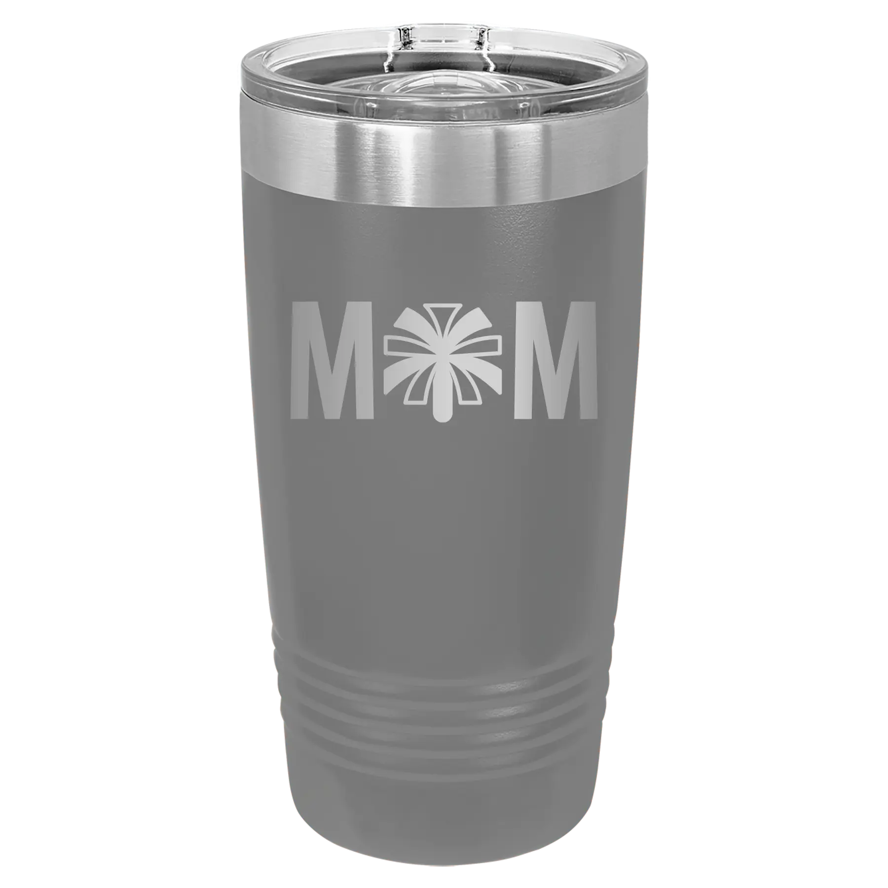 Laser etched dark gray 20 oz vacuum insulated tumbler with 'Mom Cheer' design