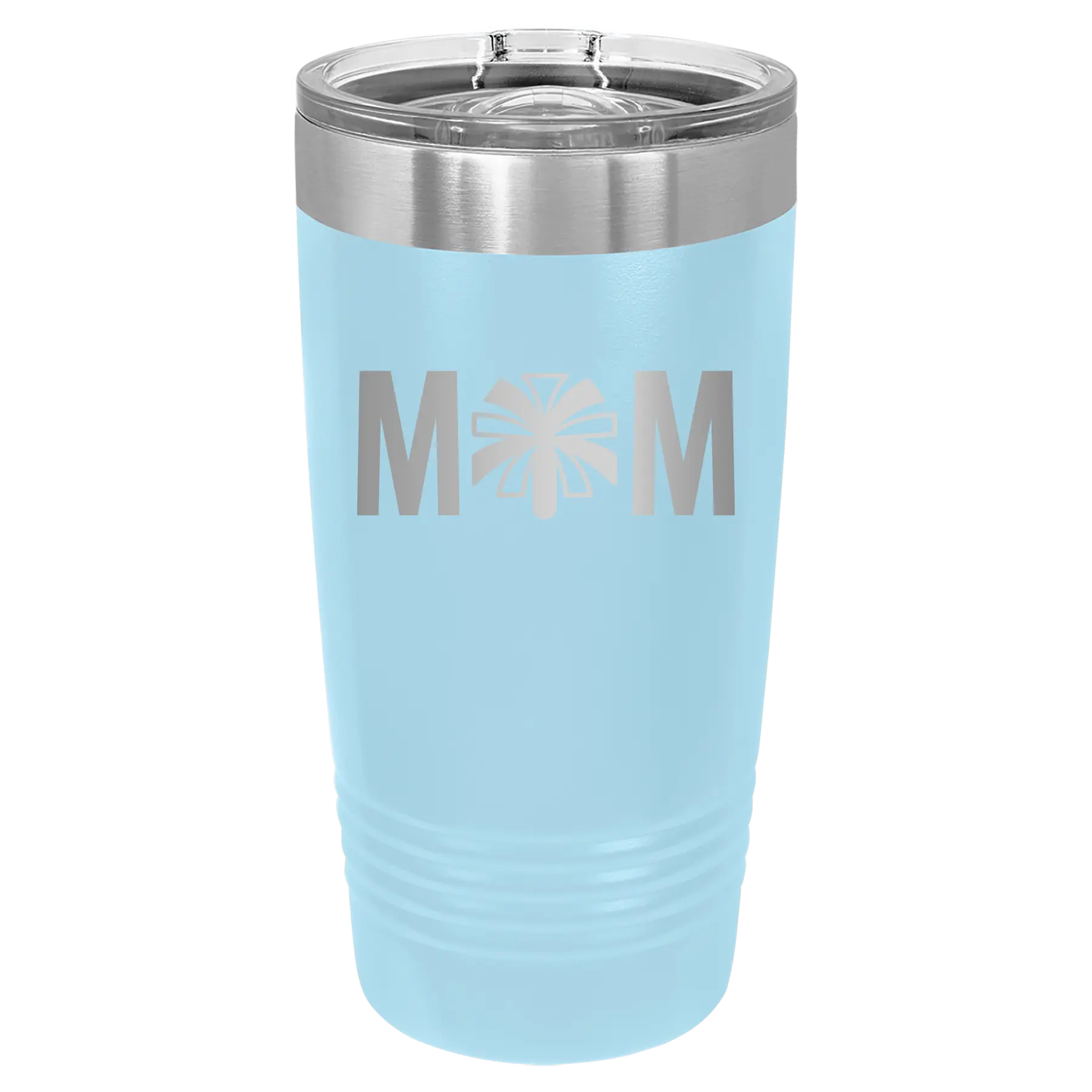 Laser etched light blue 20 oz vacuum insulated tumbler with 'Mom Cheer' design
