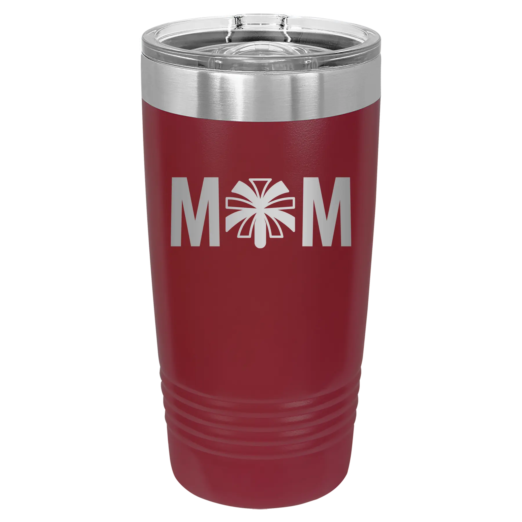 Laser etched maroon 20 oz vacuum insulated tumbler with 'Mom Cheer' design