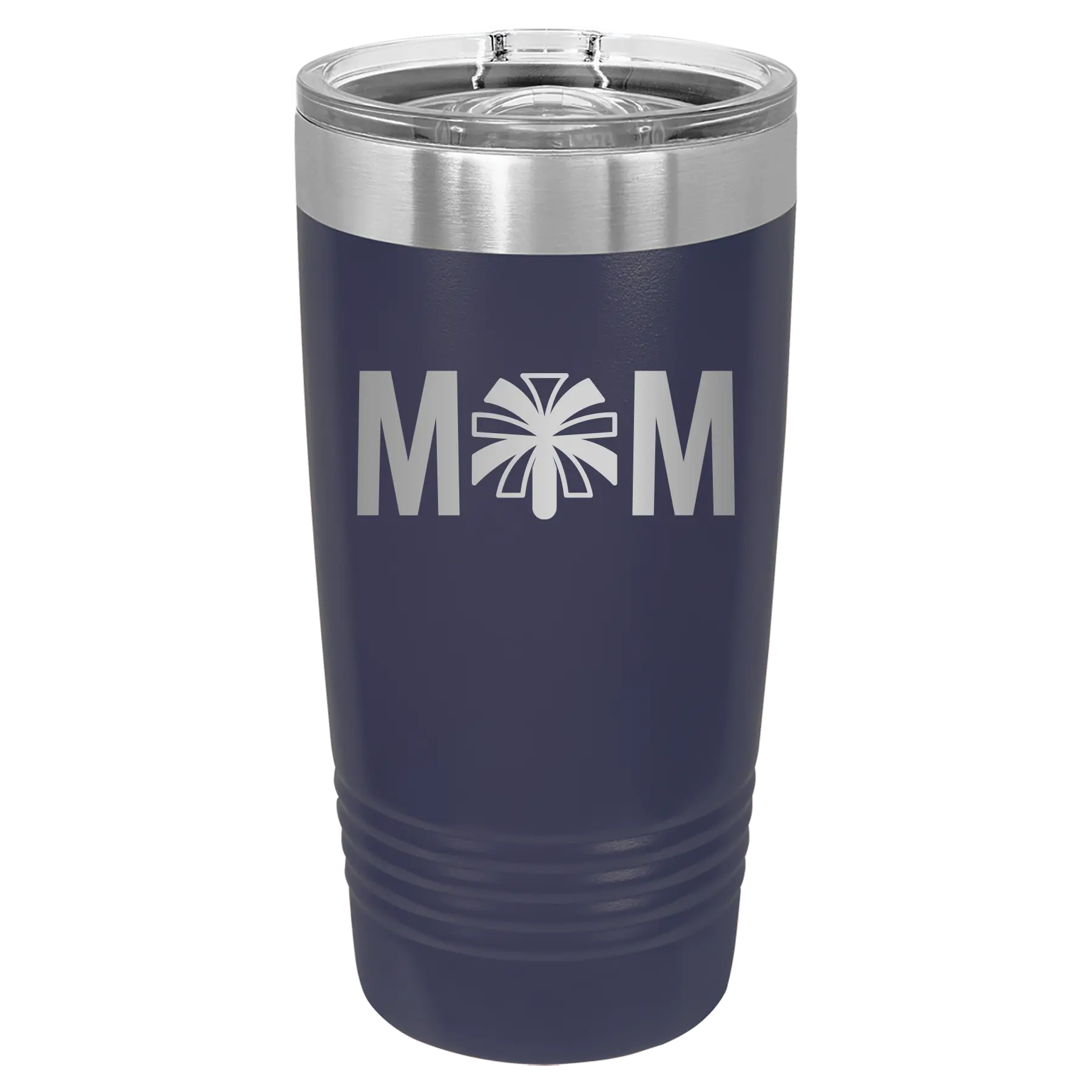 Laser etched navy 20 oz vacuum insulated tumbler with 'Mom Cheer' design
