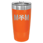 Laser etched orange 20 oz vacuum insulated tumbler with 'Mom Cheer' design