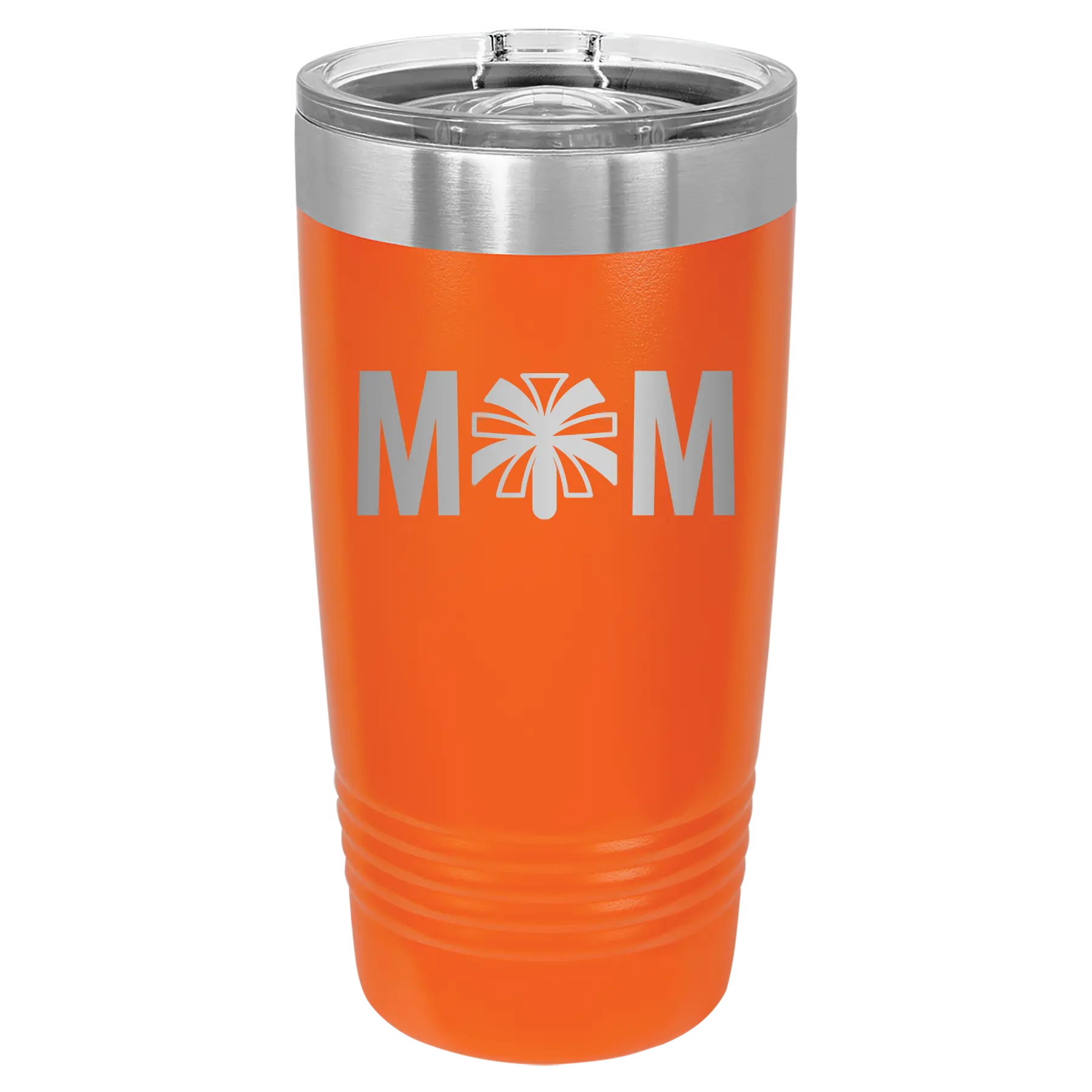 Laser etched orange 20 oz vacuum insulated tumbler with 'Mom Cheer' design