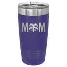 Laser etched purple 20 oz vacuum insulated tumbler with 'Mom Cheer' design