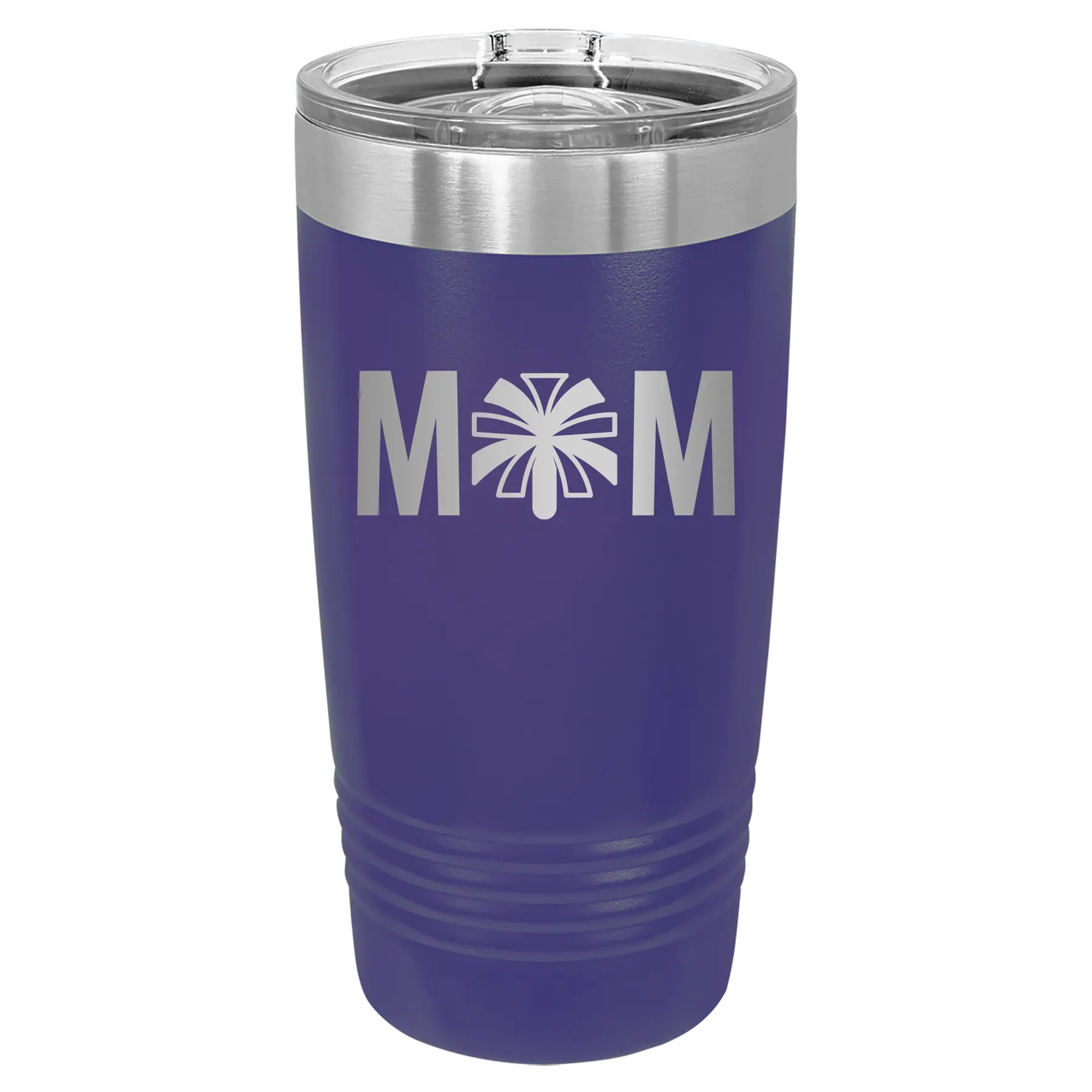 Laser etched purple 20 oz vacuum insulated tumbler with 'Mom Cheer' design