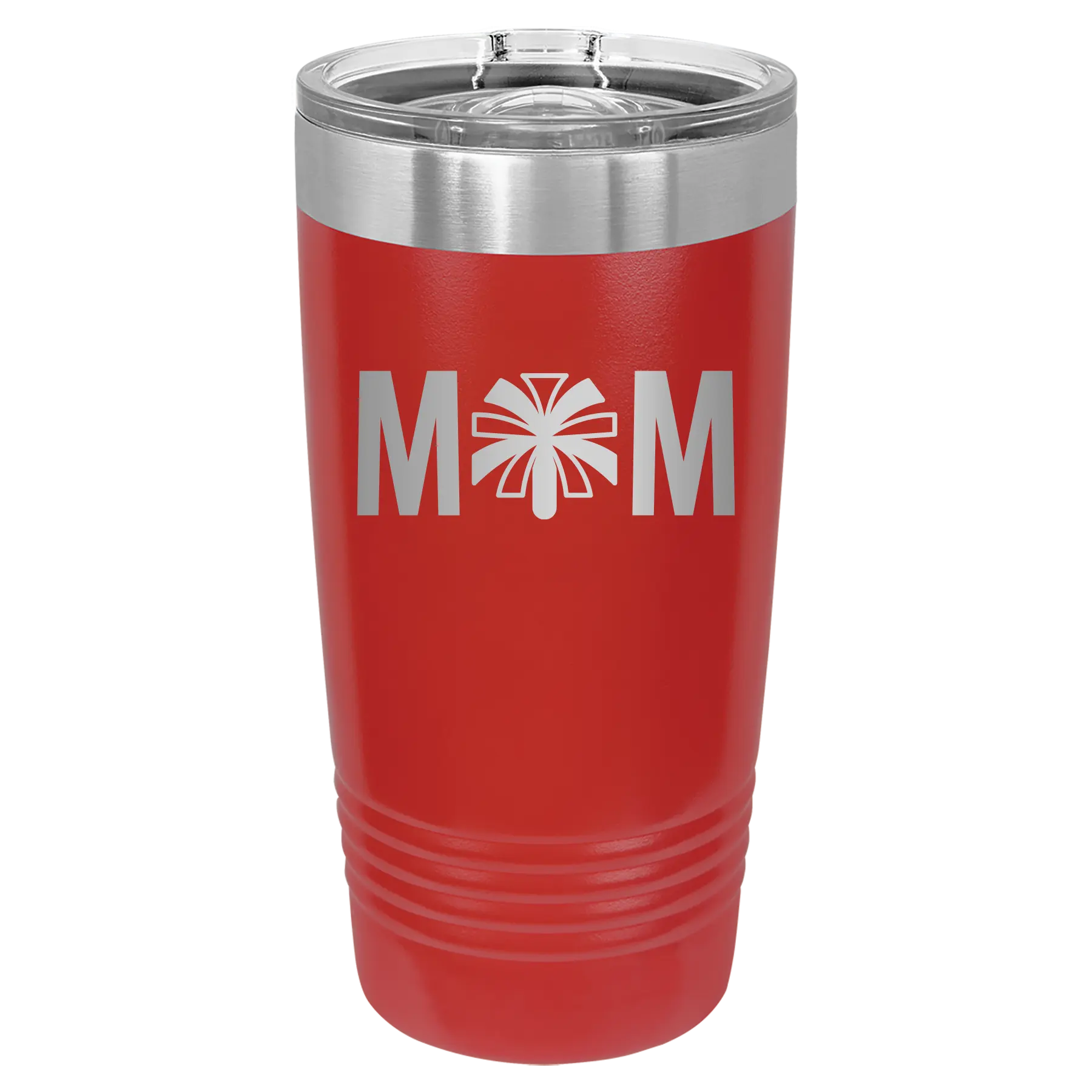 Laser etched red 20 oz vacuum insulated tumbler with 'Mom Cheer' design