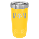 Laser etched yellow 20 oz vacuum insulated tumbler with 'Mom Cheer' design