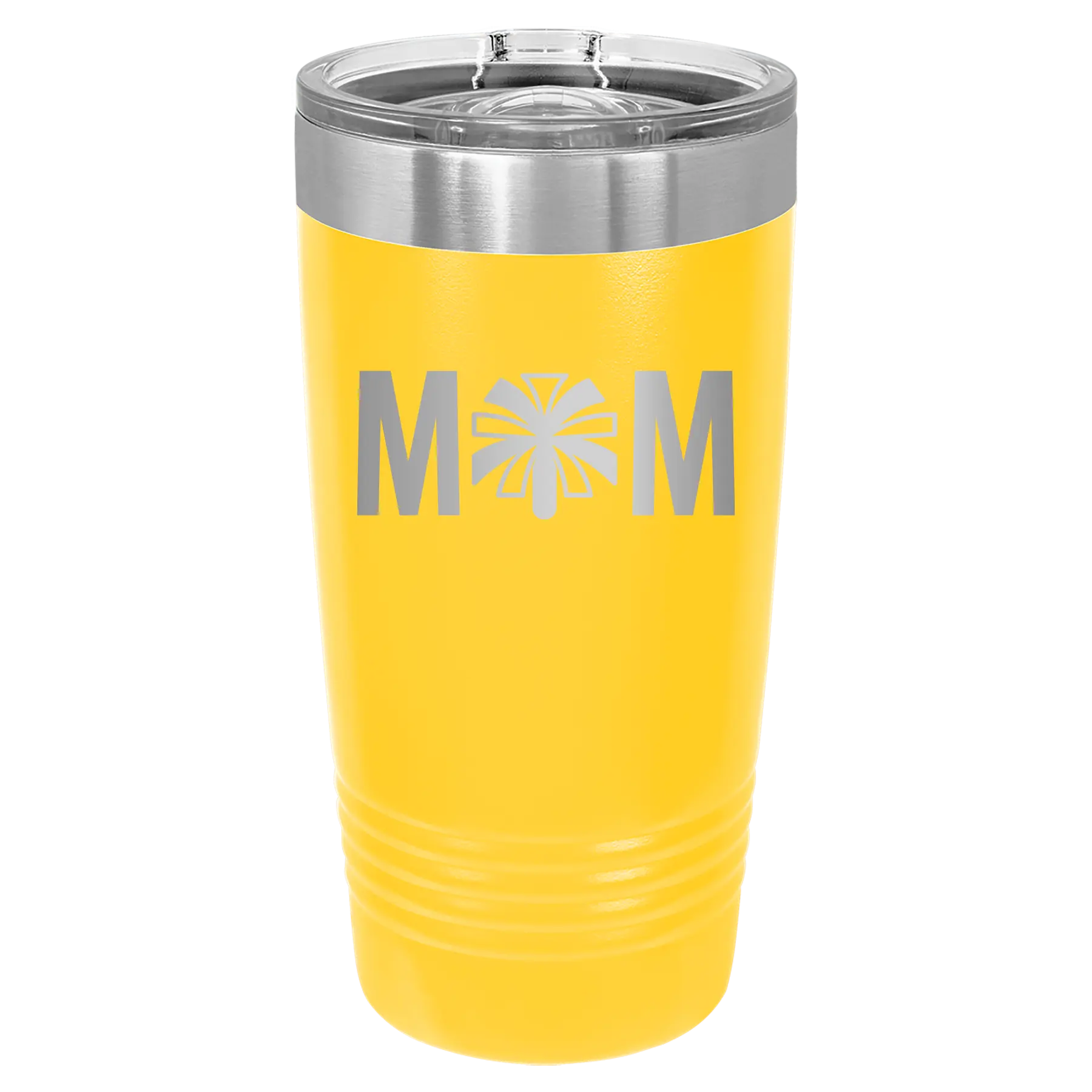 Laser etched yellow 20 oz vacuum insulated tumbler with 'Mom Cheer' design