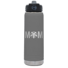 Laser etched dark gray 20 oz vacuum insulated water bottle with 'Mom Cheer' design