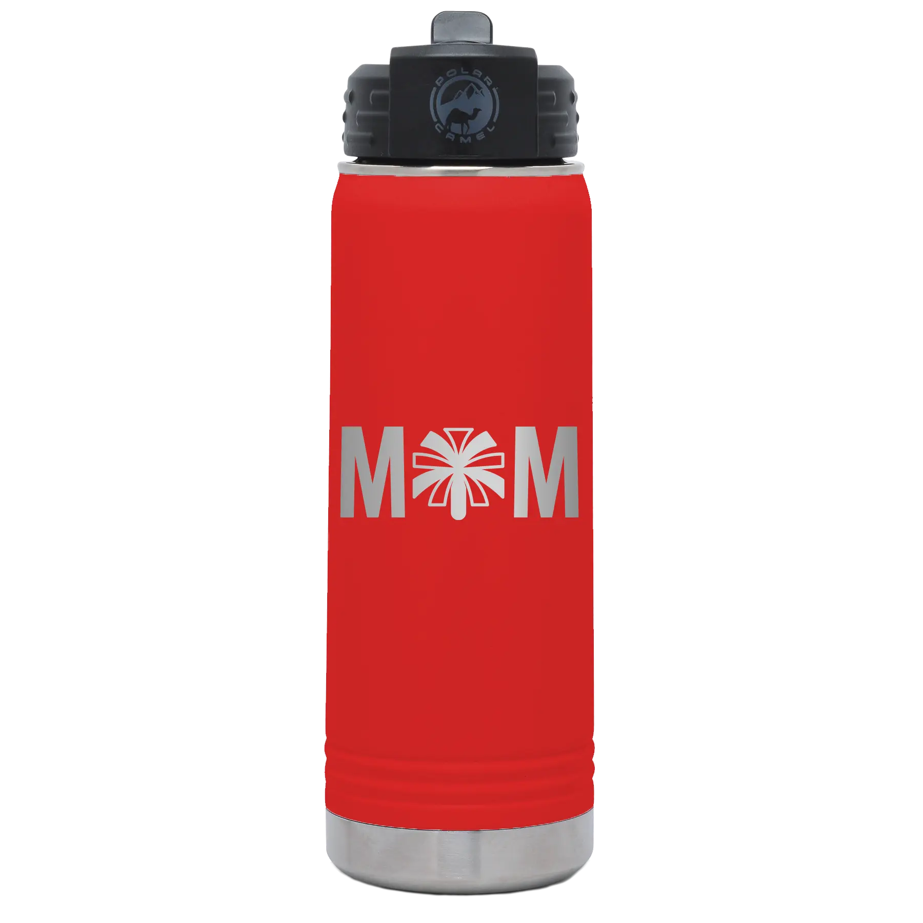 Laser etched red 20 oz vacuum insulated water bottle with 'Mom Cheer' design