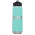 Laser etched teal 20 oz vacuum insulated water bottle with 'Mom Cheer' design