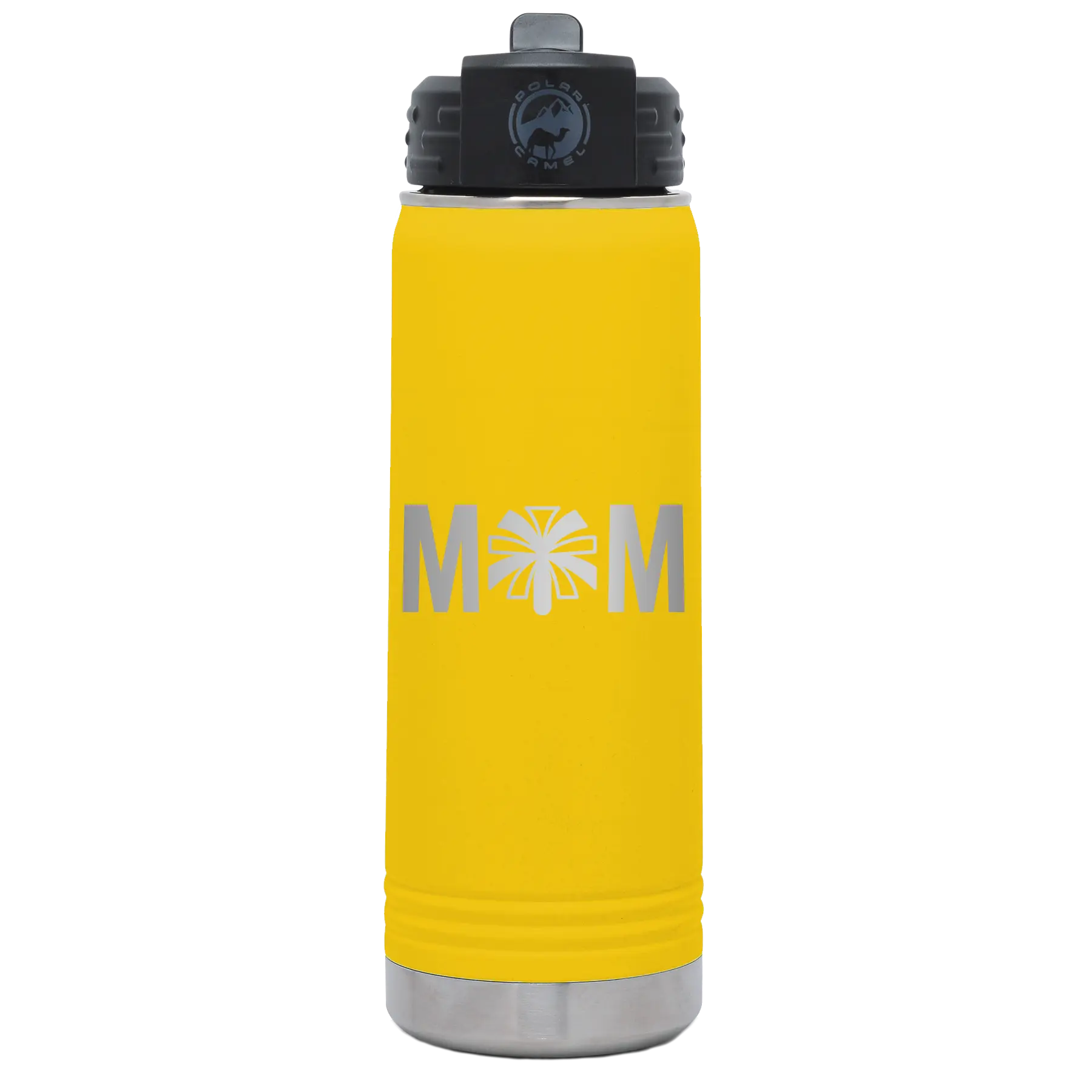 Laser etched yellow 20 oz vacuum insulated water bottle with 'Mom Cheer' design