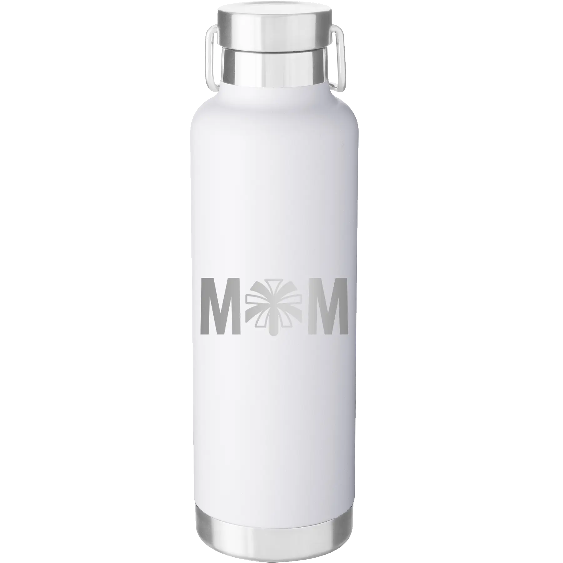 Laser etched white 24 oz vacuum insulated water bottle with 'Mom Cheer' design