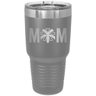 Laser etched dark gray 30 oz vacuum insulated tumbler with 'Mom Cheer' design
