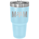 Laser etched light blue 30 oz vacuum insulated tumbler with 'Mom Cheer' design