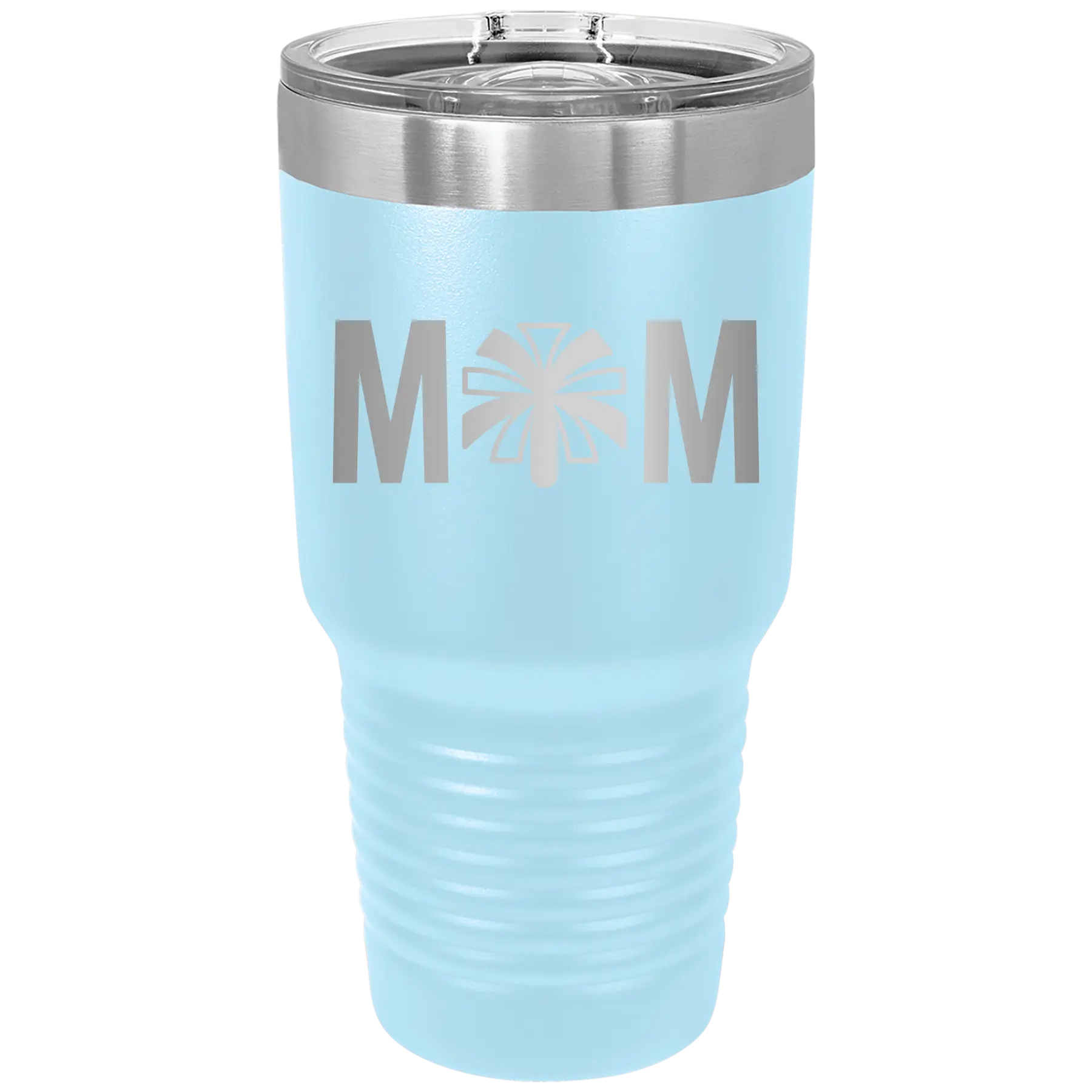 Laser etched light blue 30 oz vacuum insulated tumbler with 'Mom Cheer' design