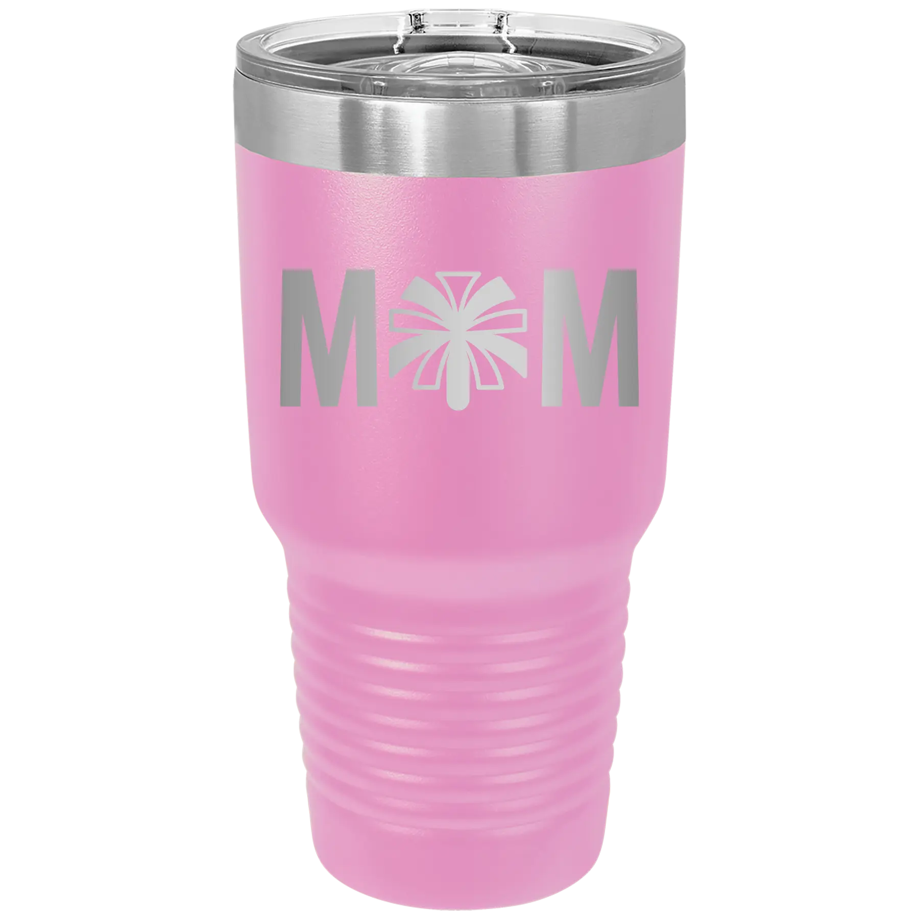 Laser etched light purple 30 oz vacuum insulated tumbler with 'Mom Cheer' design