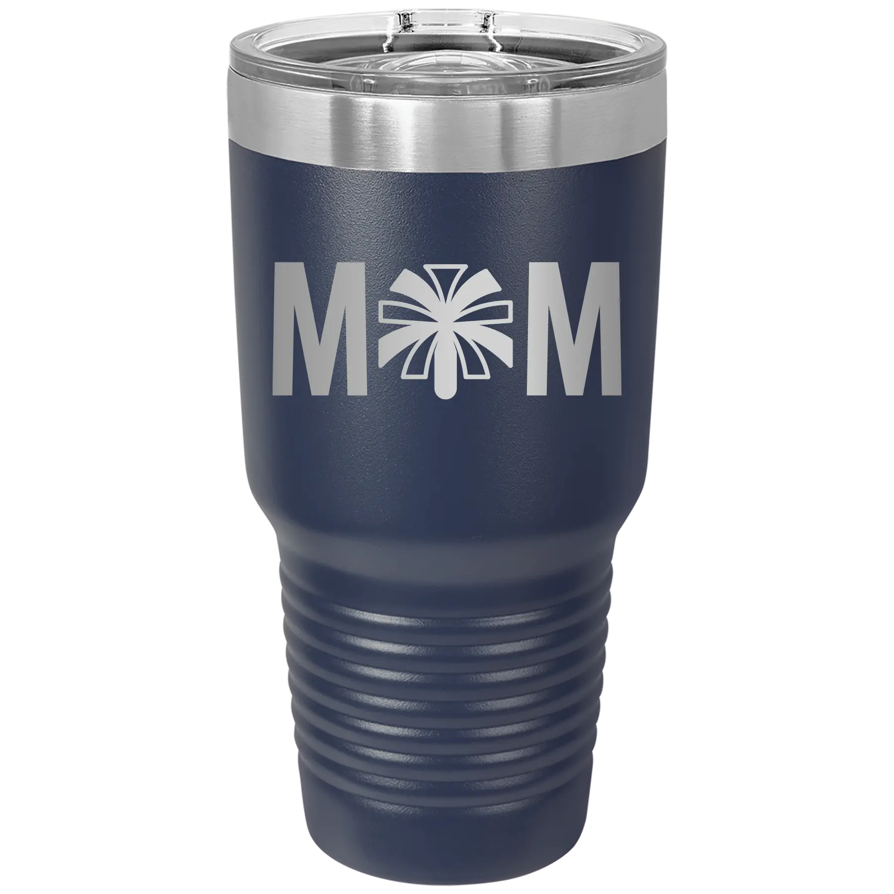 Laser etched navy 30 oz vacuum insulated tumbler with 'Mom Cheer' design