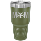 Laser etched olive green 30 oz vacuum insulated tumbler with 'Mom Cheer' design