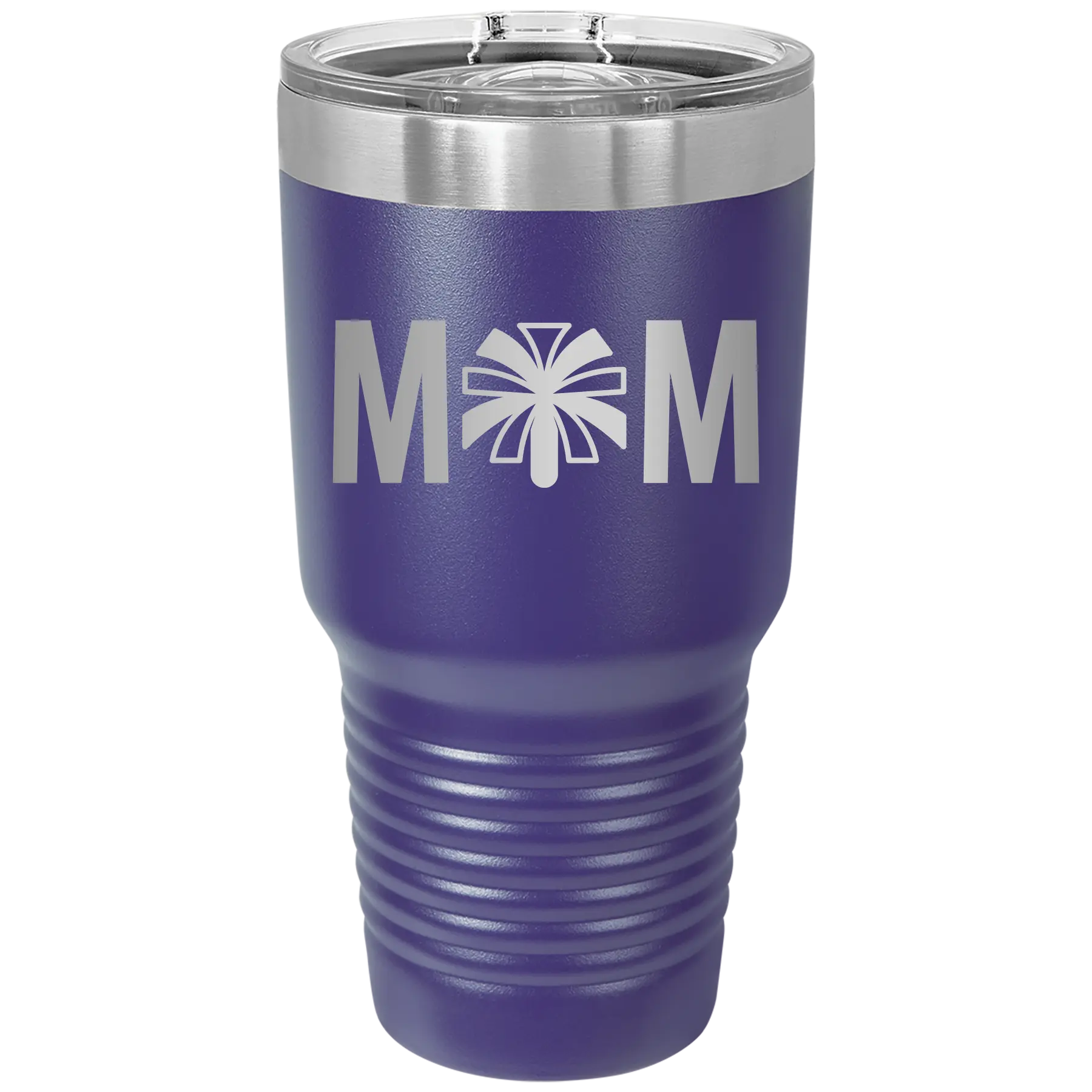Laser etched purple 30 oz vacuum insulated tumbler with 'Mom Cheer' design