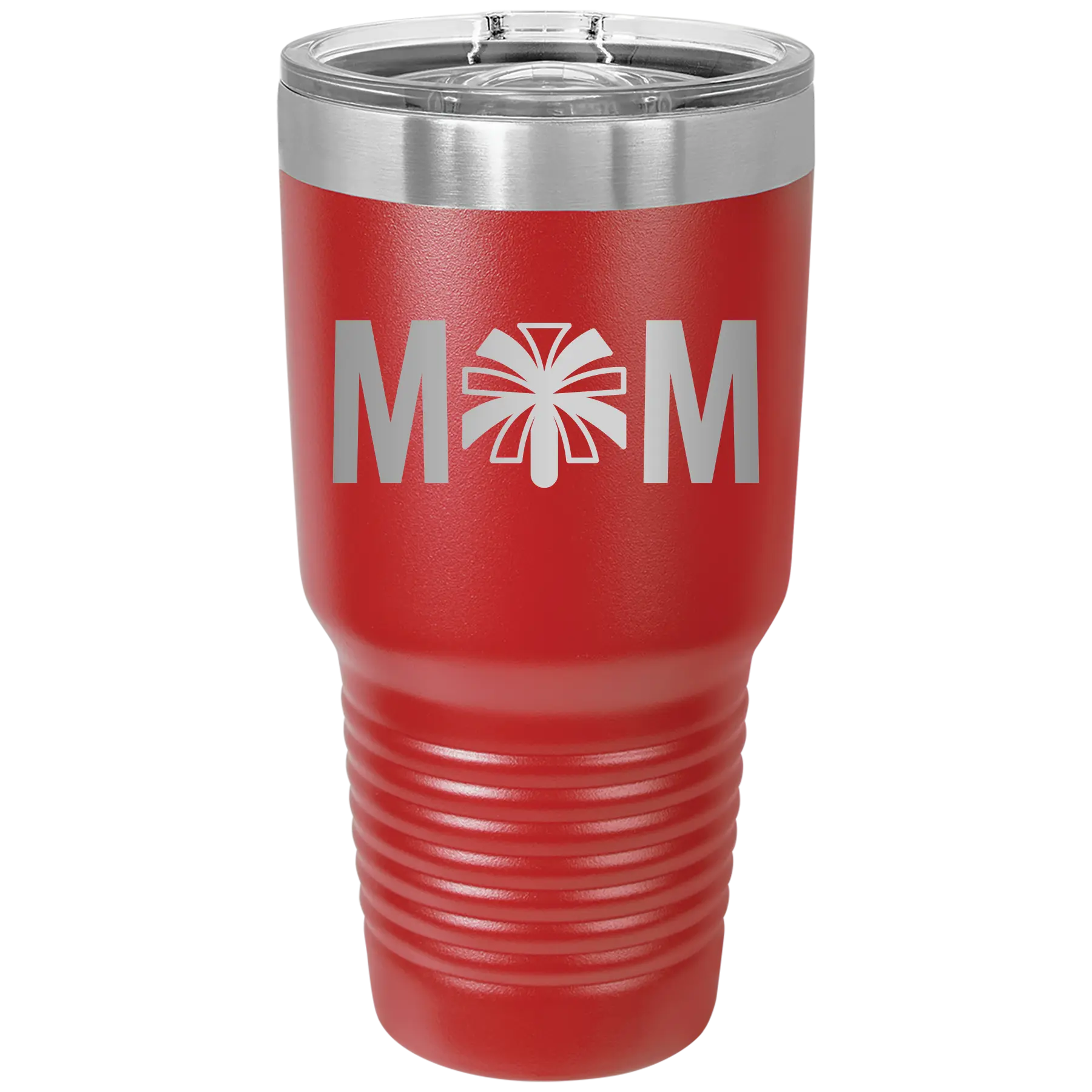 Laser etched red 30 oz vacuum insulated tumbler with 'Mom Cheer' design
