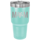 Laser etched teal 30 oz vacuum insulated tumbler with 'Mom Cheer' design