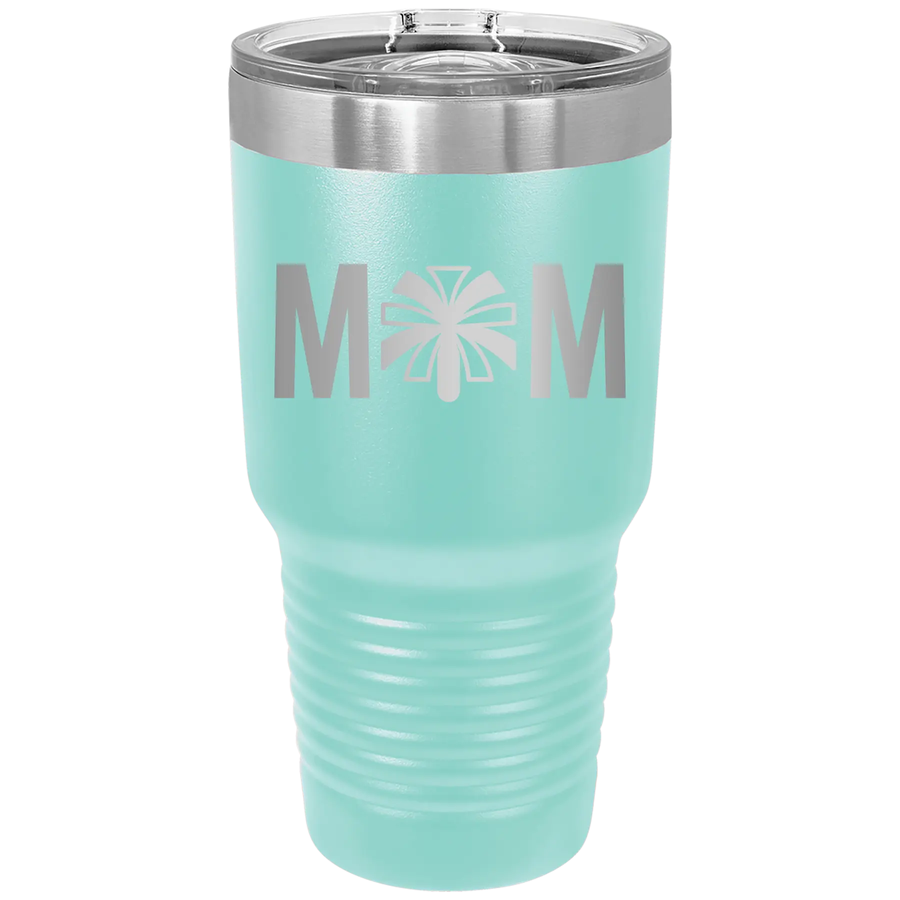 Laser etched teal 30 oz vacuum insulated tumbler with 'Mom Cheer' design