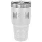 Laser etched white 30 oz vacuum insulated tumbler with 'Mom Cheer' design