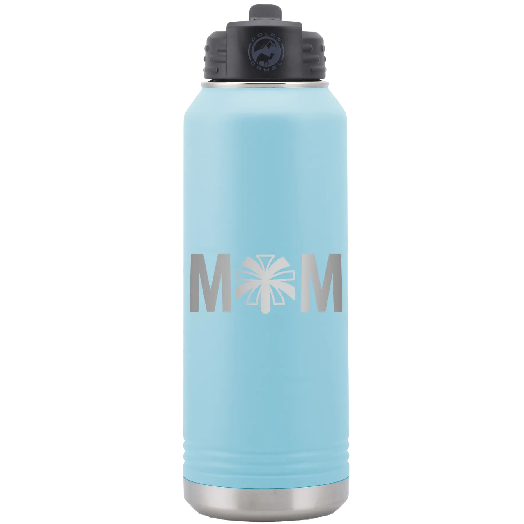 Laser etched light blue 32 oz vacuum insulated water bottle with 'Mom Cheer' design