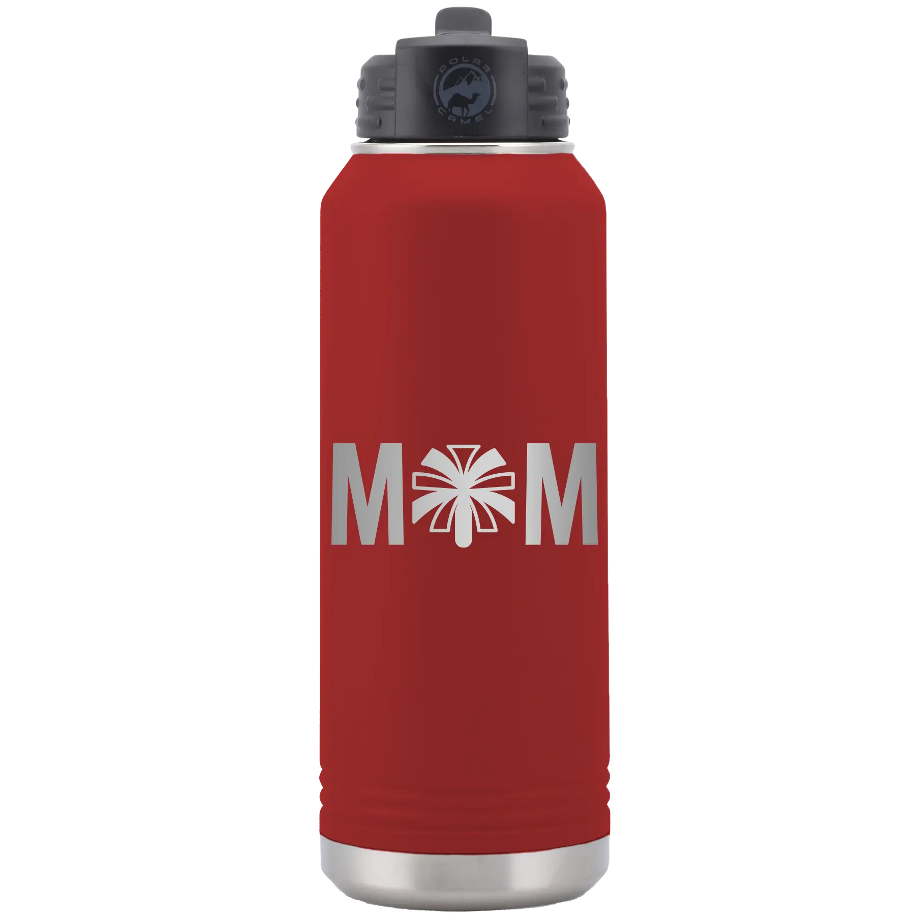 Laser etched maroon 32 oz vacuum insulated water bottle with 'Mom Cheer' design