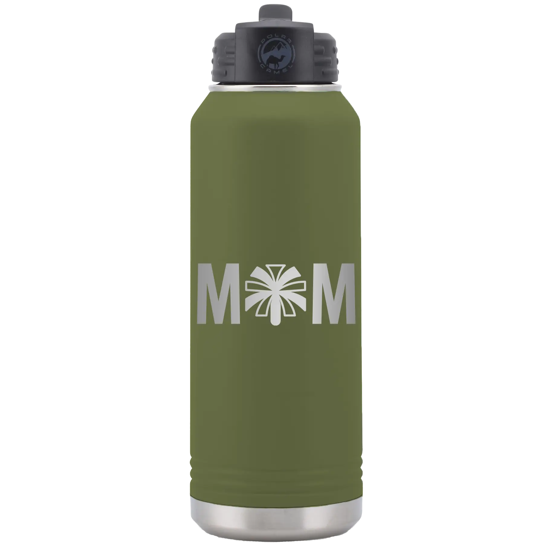Laser etched olive green 32 oz vacuum insulated water bottle with 'Mom Cheer' design