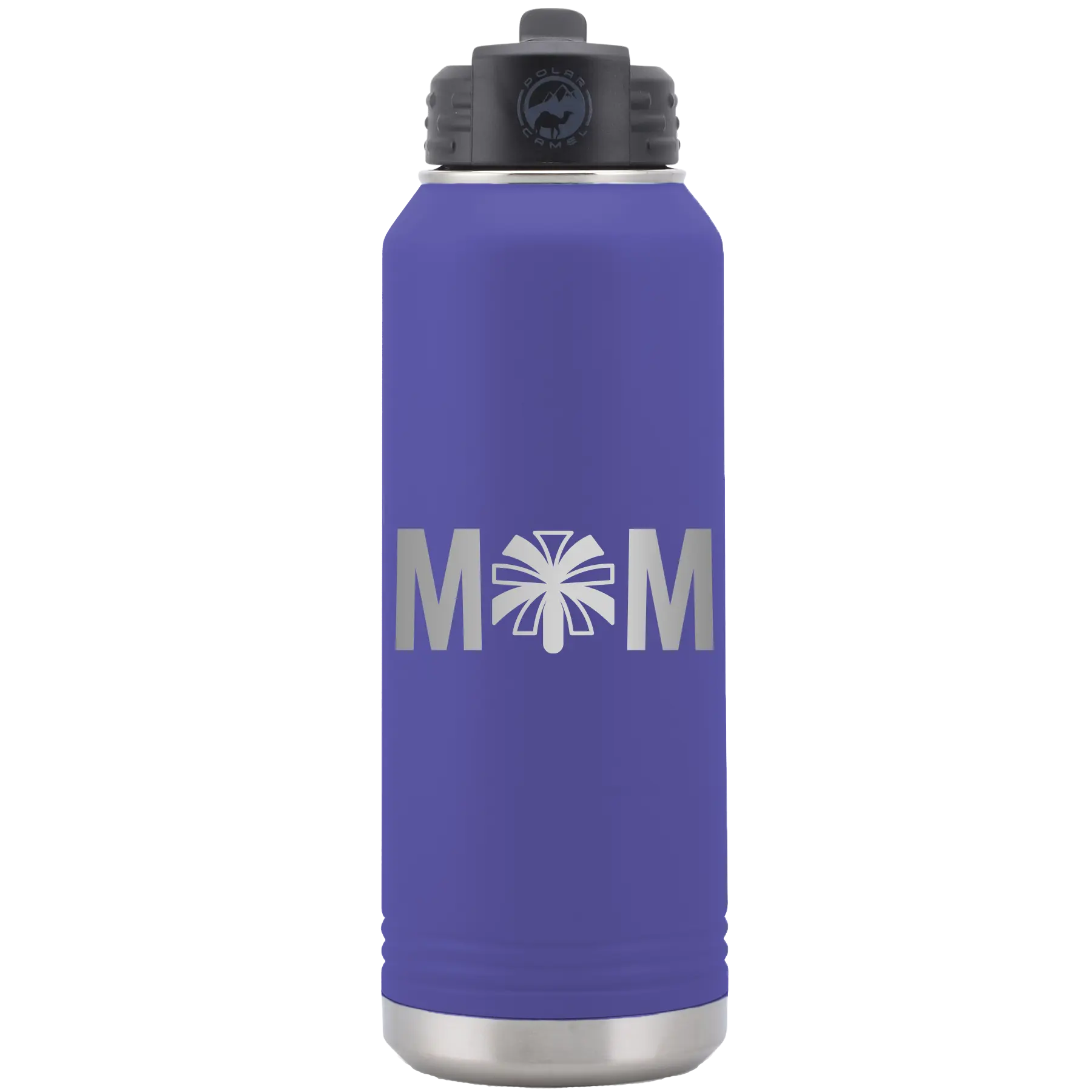 Laser etched purple 32 oz vacuum insulated water bottle with 'Mom Cheer' design