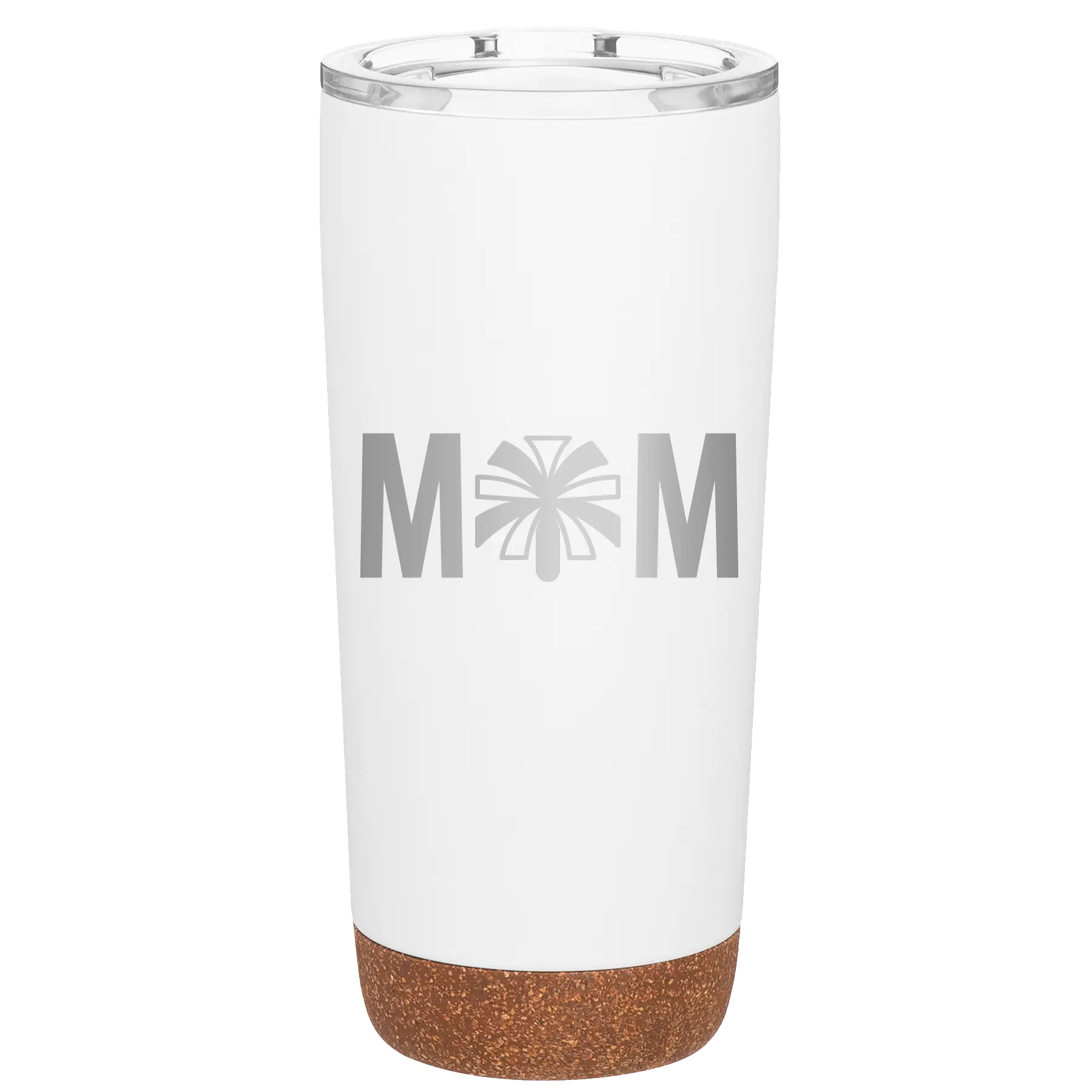 Laser etched white 20 oz vacuum insulated tumbler with 'Mom Cheer' design