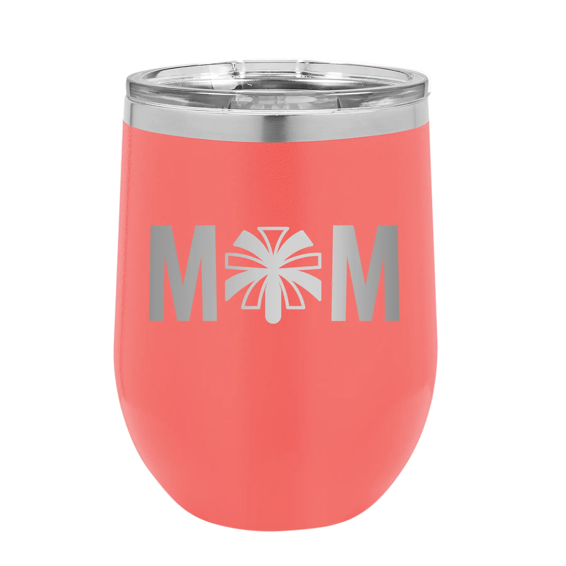 Laser etched coral 12 oz vacuum insulated wine cup with 'Mom Cheer' design