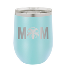 Laser etched light blue 12 oz vacuum insulated wine cup with 'Mom Cheer' design