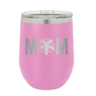 Laser etched light purple 12 oz vacuum insulated wine cup with 'Mom Cheer' design