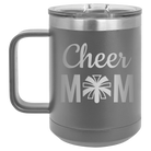 Laser etched dark gray 15 oz vacuum insulated coffee mug with 'Mom Cheer2' design