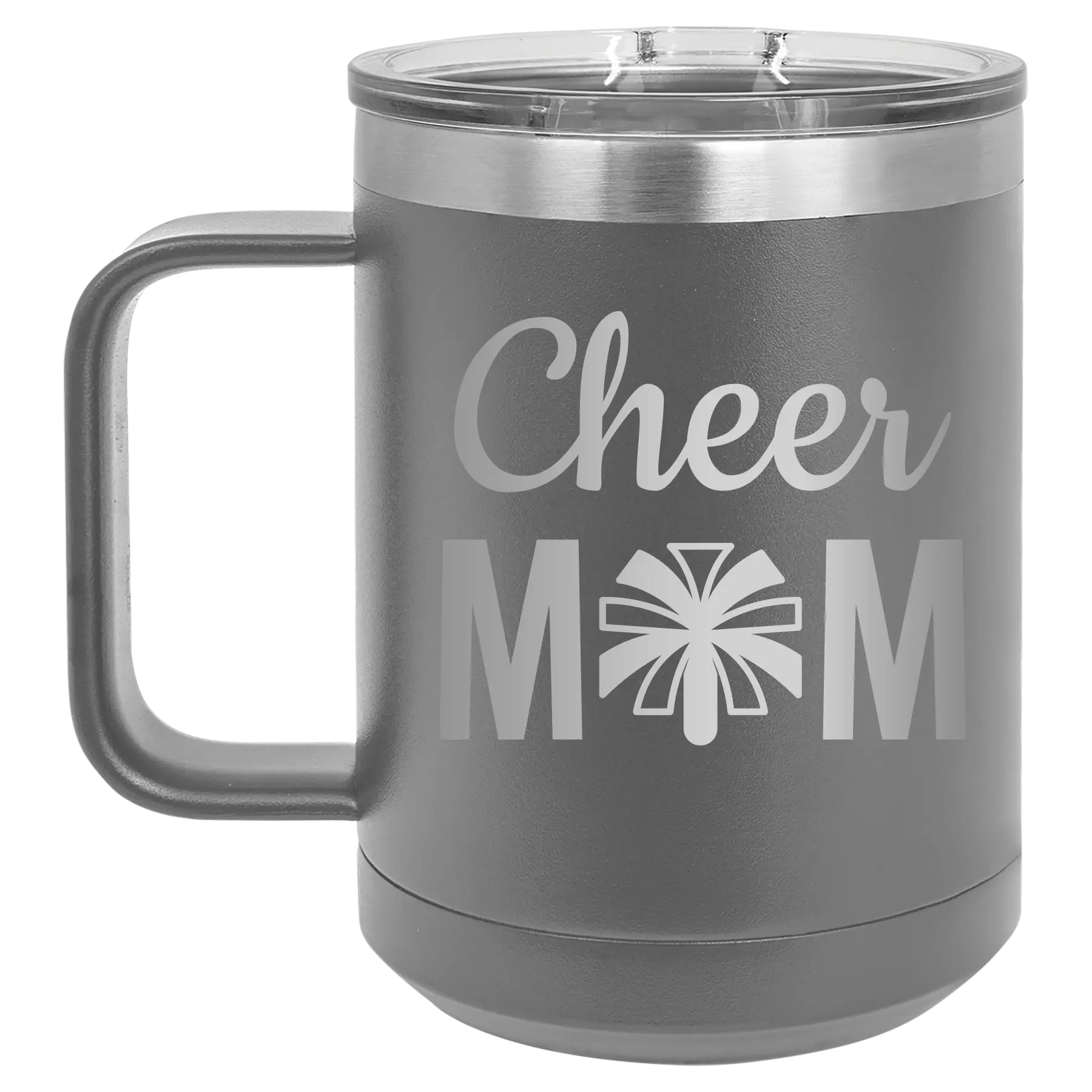 Laser etched dark gray 15 oz vacuum insulated coffee mug with 'Mom Cheer2' design