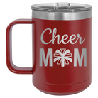 Laser etched maroon 15 oz vacuum insulated coffee mug with 'Mom Cheer2' design